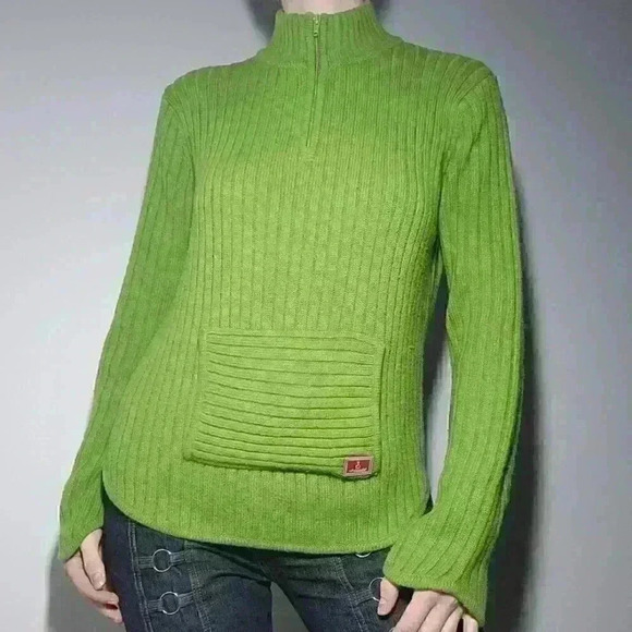 Vintage 90s / Y2K apple green knit acrylic high neck quarter zip-up sweater - Picture 6 of 13